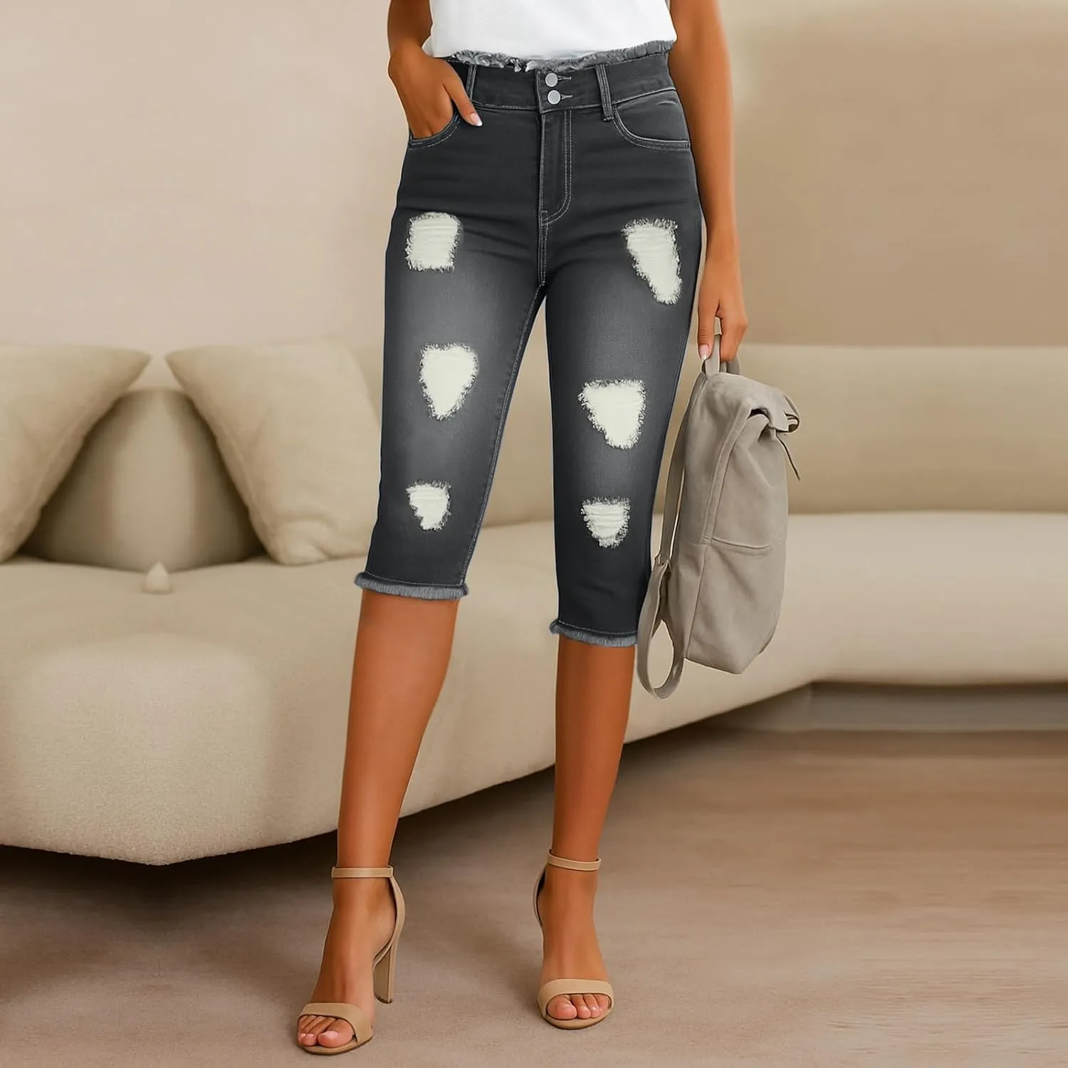 Capri Jeans for Women Stretch Low Rise Ripped Skinny Jeans Distressed Trendy Raw Hem Cropped Jeggings with Pockets