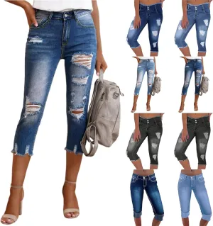 Capri Jeans for Women Stretch Low Rise Ripped Skinny Jeans Distressed Trendy Raw Hem Cropped Jeggings with Pockets