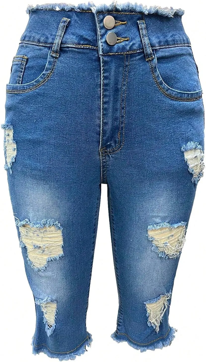 Capri Jeans for Women Stretch Low Rise Ripped Skinny Jeans Distressed Trendy Raw Hem Cropped Jeggings with Pockets