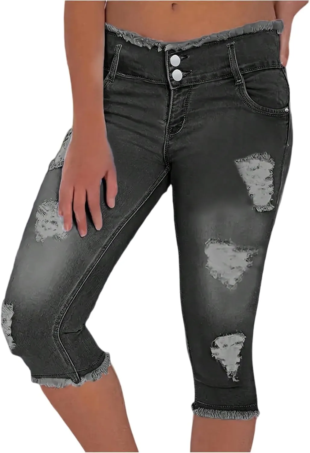 Capri Jeans for Women Stretch Low Rise Ripped Skinny Jeans Distressed Trendy Raw Hem Cropped Jeggings with Pockets