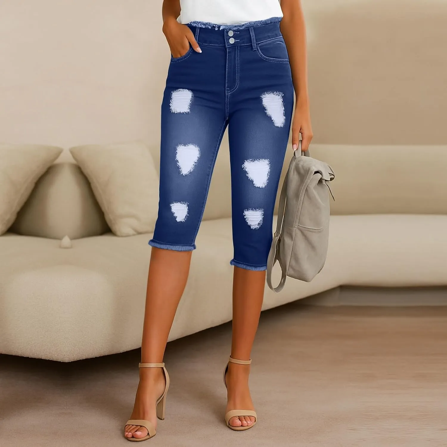 Capri Jeans for Women Stretch Low Rise Ripped Skinny Jeans Distressed Trendy Raw Hem Cropped Jeggings with Pockets