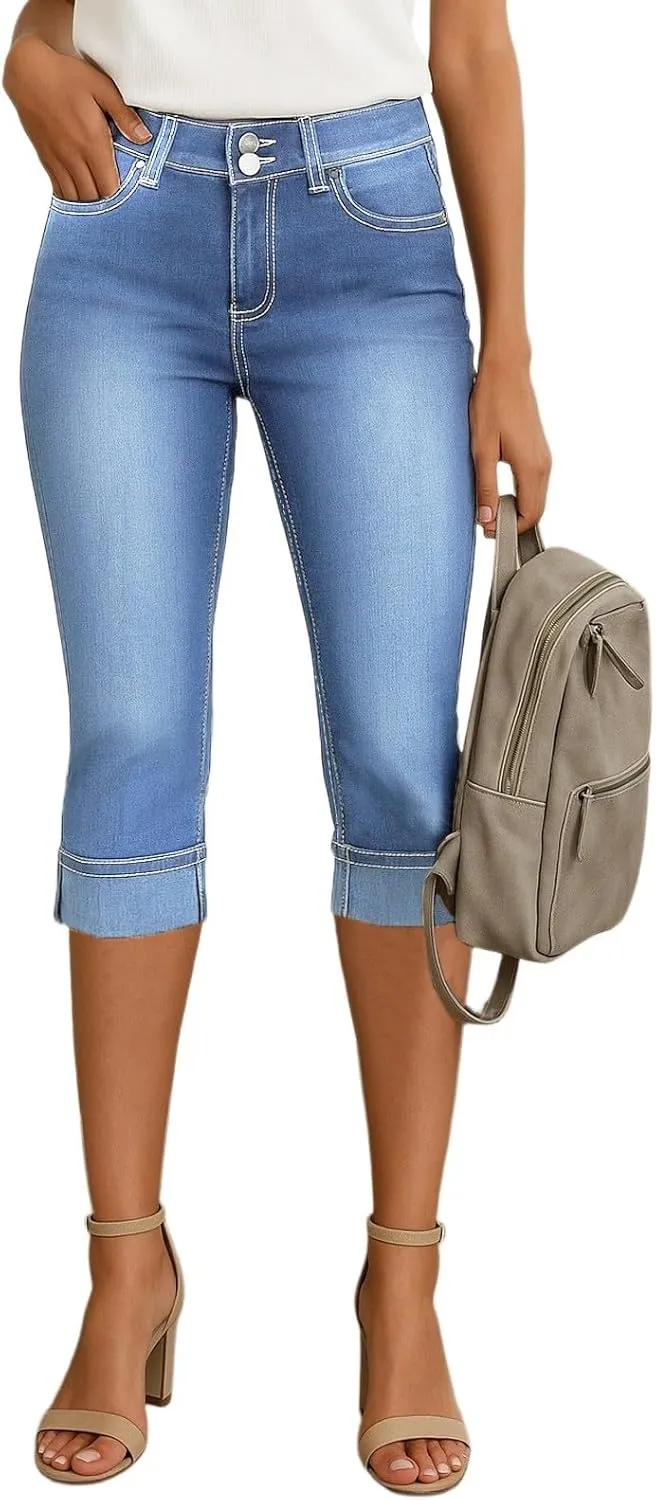 Capri Jeans for Women Stretch Low Rise Ripped Skinny Jeans Distressed Trendy Raw Hem Cropped Jeggings with Pockets