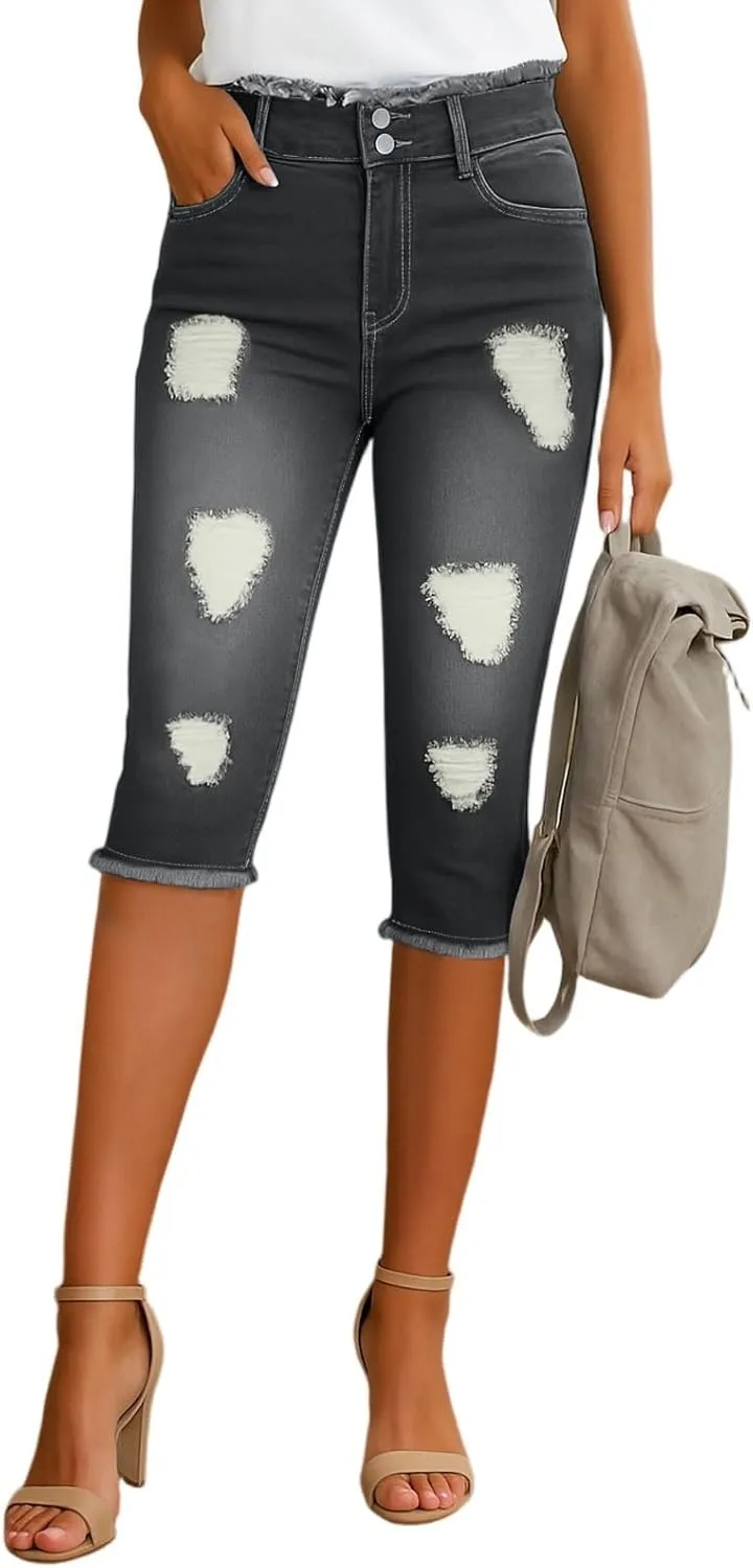 Capri Jeans for Women Stretch Low Rise Ripped Skinny Jeans Distressed Trendy Raw Hem Cropped Jeggings with Pockets