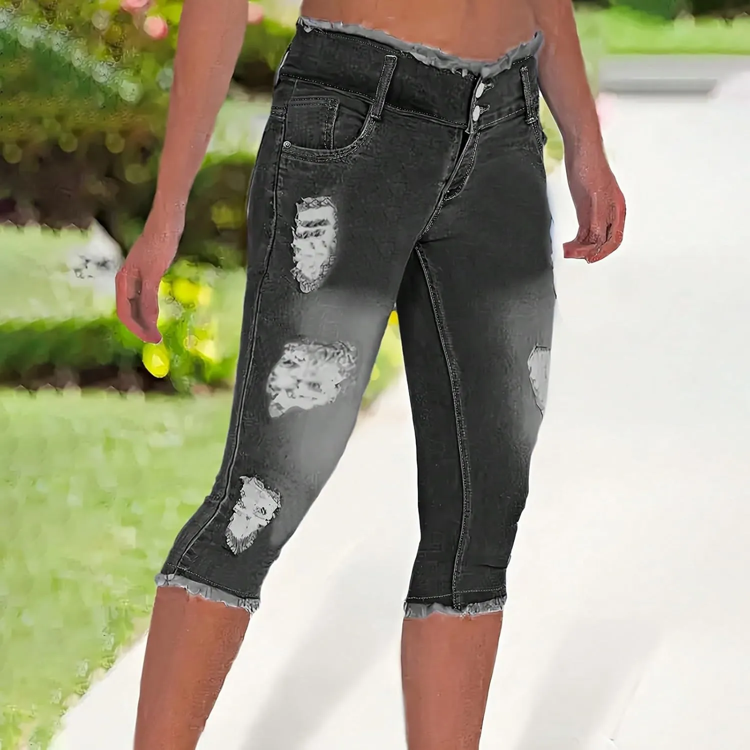 Capri Jeans for Women Stretch Low Rise Ripped Skinny Jeans Distressed Trendy Raw Hem Cropped Jeggings with Pockets