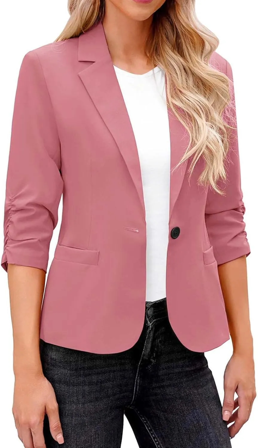 Casual Blazers for Women Fashion Lapel Open Front 3/4 Sleeve Suit Jackets Slim Fit Solid Color Office Wort Blazer