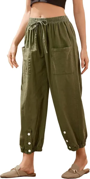 Casual Capri Pants for Women Linen Drawstring Elastic Capris Crop Relaxed Fit Cotton Wide Leg Capri Wide Leg Pants