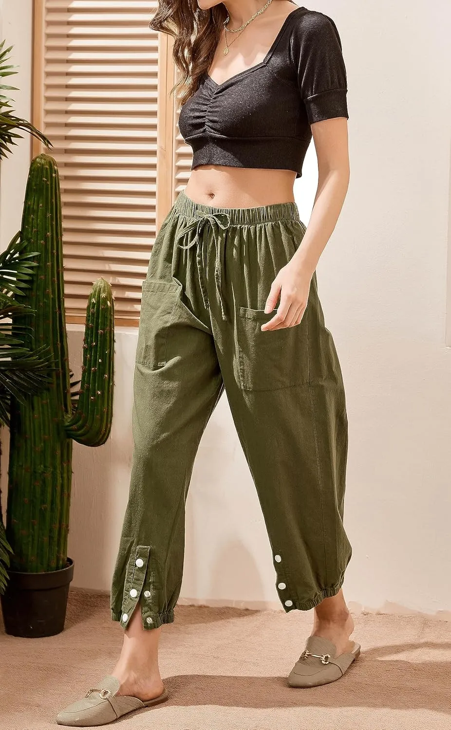 Casual Capri Pants for Women Linen Drawstring Elastic Capris Crop Relaxed Fit Cotton Wide Leg Capri Wide Leg Pants