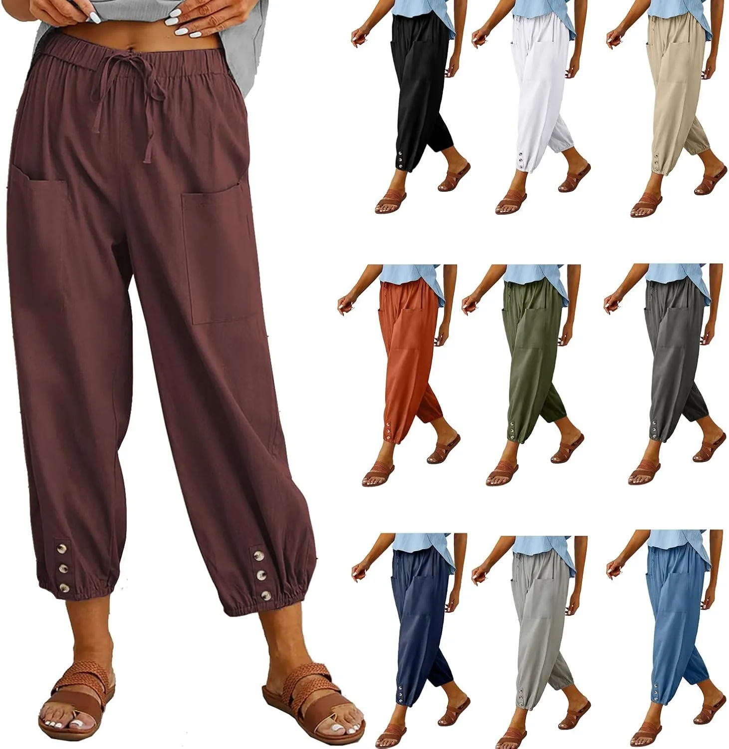 Casual Capri Pants for Women Linen Drawstring Elastic Capris Crop Relaxed Fit Cotton Wide Leg Capri Wide Leg Pants