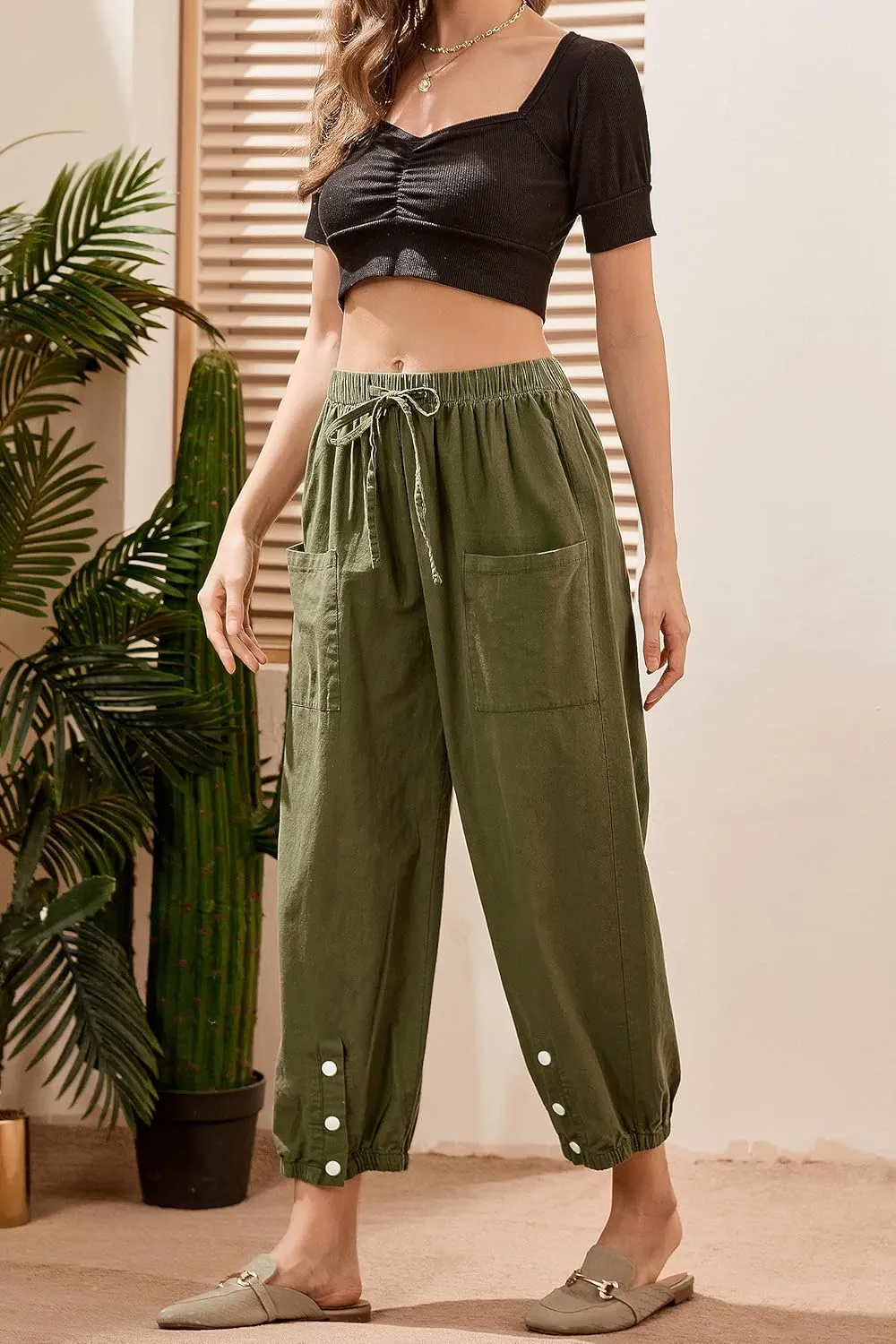 Casual Capri Pants for Women Linen Drawstring Elastic Capris Crop Relaxed Fit Cotton Wide Leg Capri Wide Leg Pants