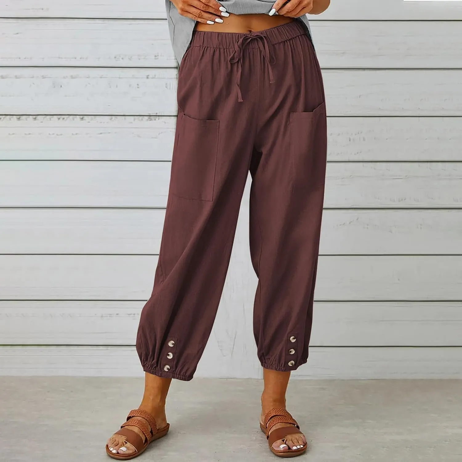 Casual Capri Pants for Women Linen Drawstring Elastic Capris Crop Relaxed Fit Cotton Wide Leg Capri Wide Leg Pants