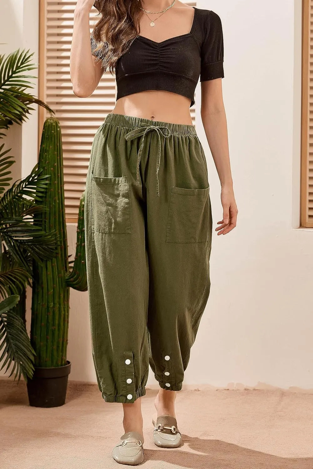 Casual Capri Pants for Women Linen Drawstring Elastic Capris Crop Relaxed Fit Cotton Wide Leg Capri Wide Leg Pants
