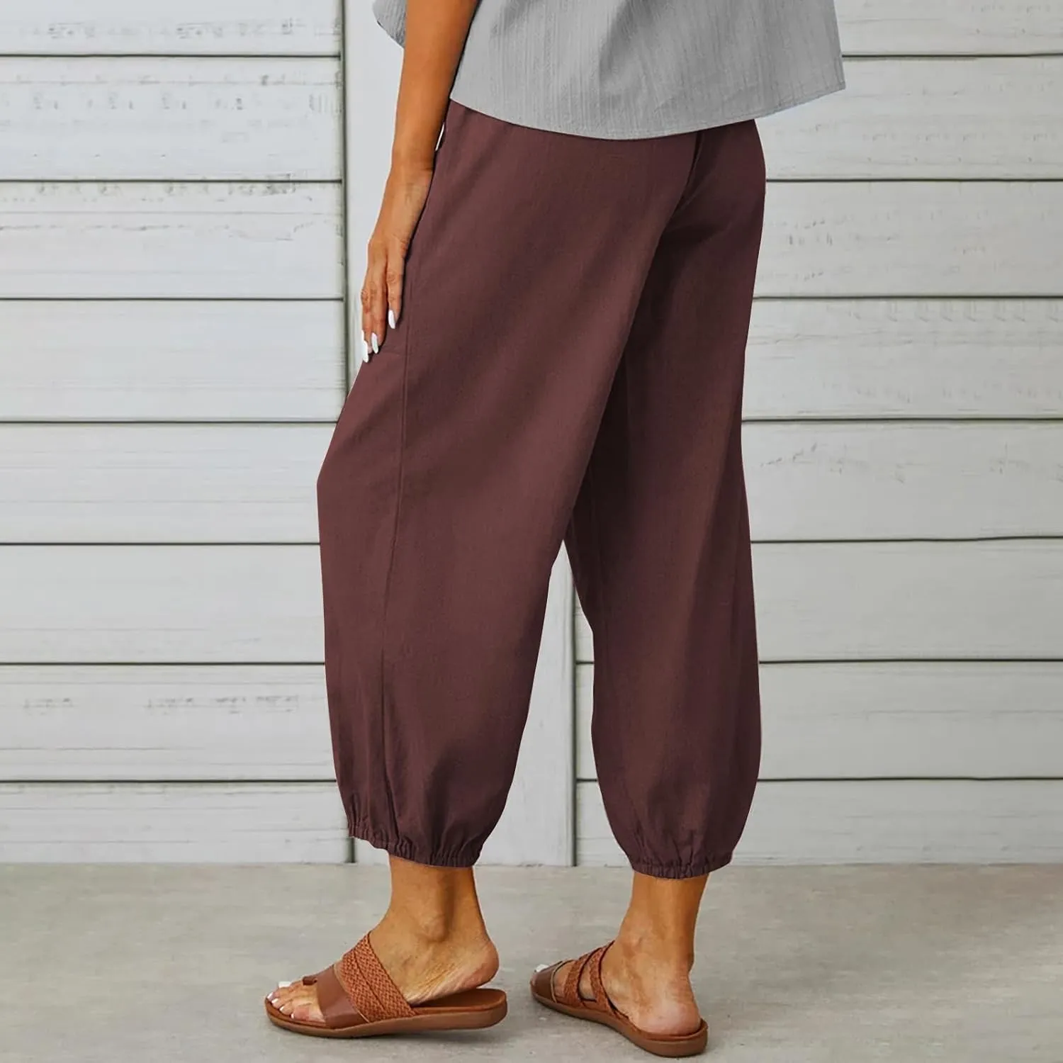 Casual Capri Pants for Women Linen Drawstring Elastic Capris Crop Relaxed Fit Cotton Wide Leg Capri Wide Leg Pants