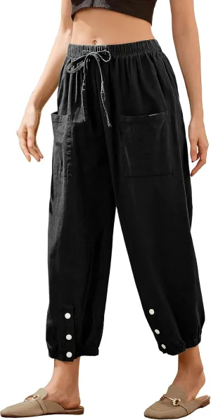 Casual Capri Pants for Women Linen Drawstring Elastic Capris Crop Relaxed Fit Cotton Wide Leg Capri Wide Leg Pants