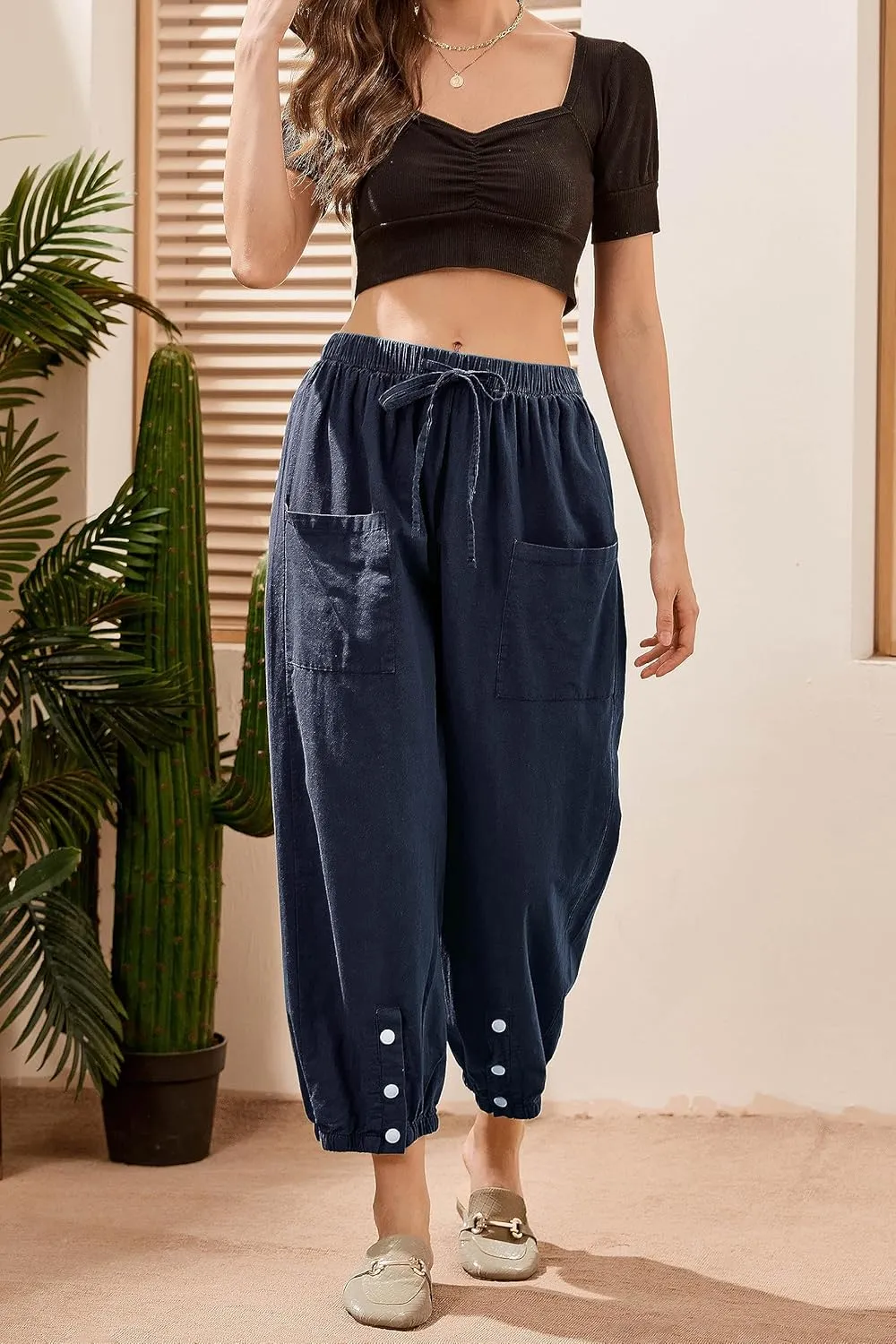 Casual Capri Pants for Women Linen Drawstring Elastic Capris Crop Relaxed Fit Cotton Wide Leg Capri Wide Leg Pants