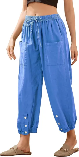 Casual Capri Pants for Women Linen Drawstring Elastic Capris Crop Relaxed Fit Cotton Wide Leg Capri Wide Leg Pants