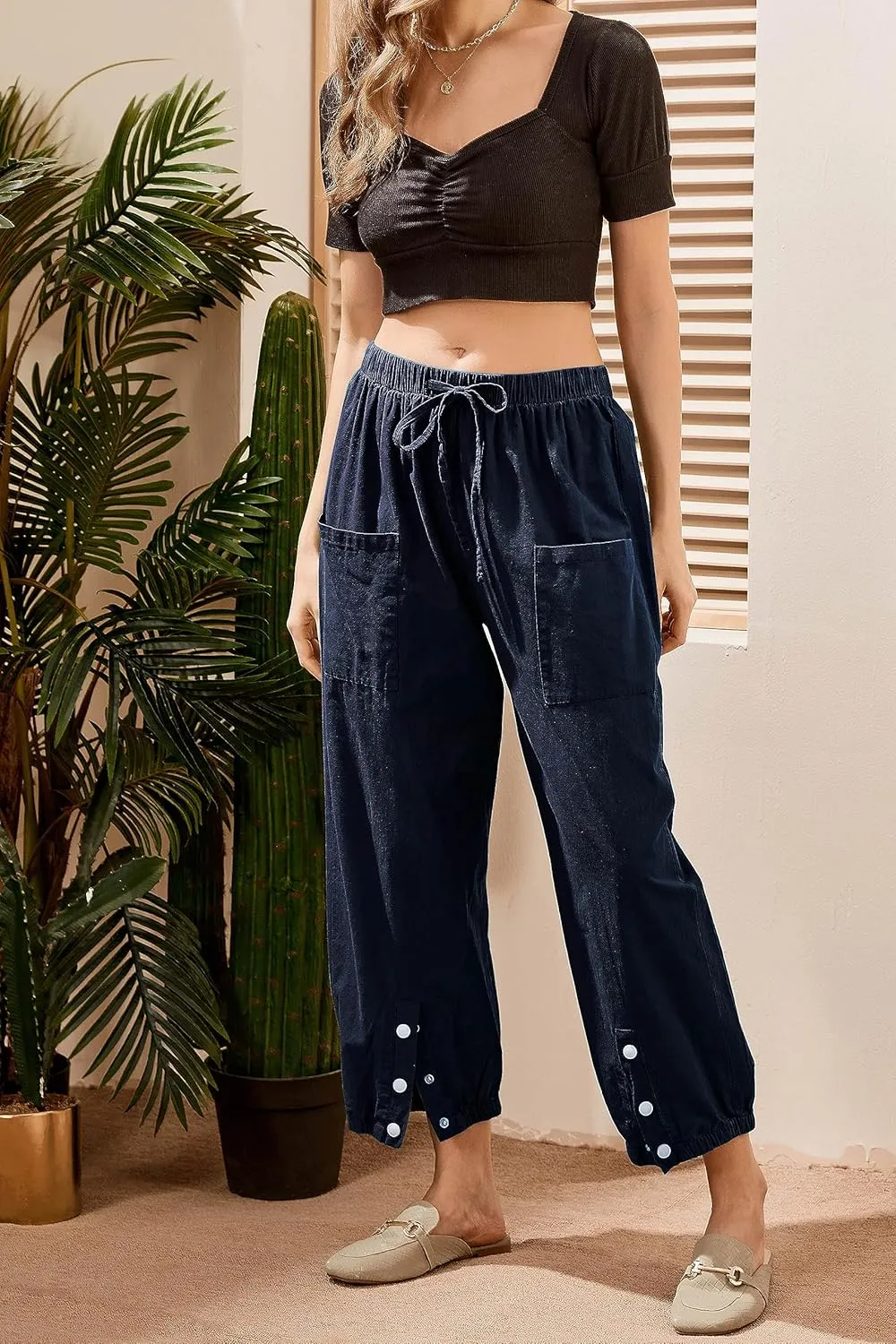 Casual Capri Pants for Women Linen Drawstring Elastic Capris Crop Relaxed Fit Cotton Wide Leg Capri Wide Leg Pants