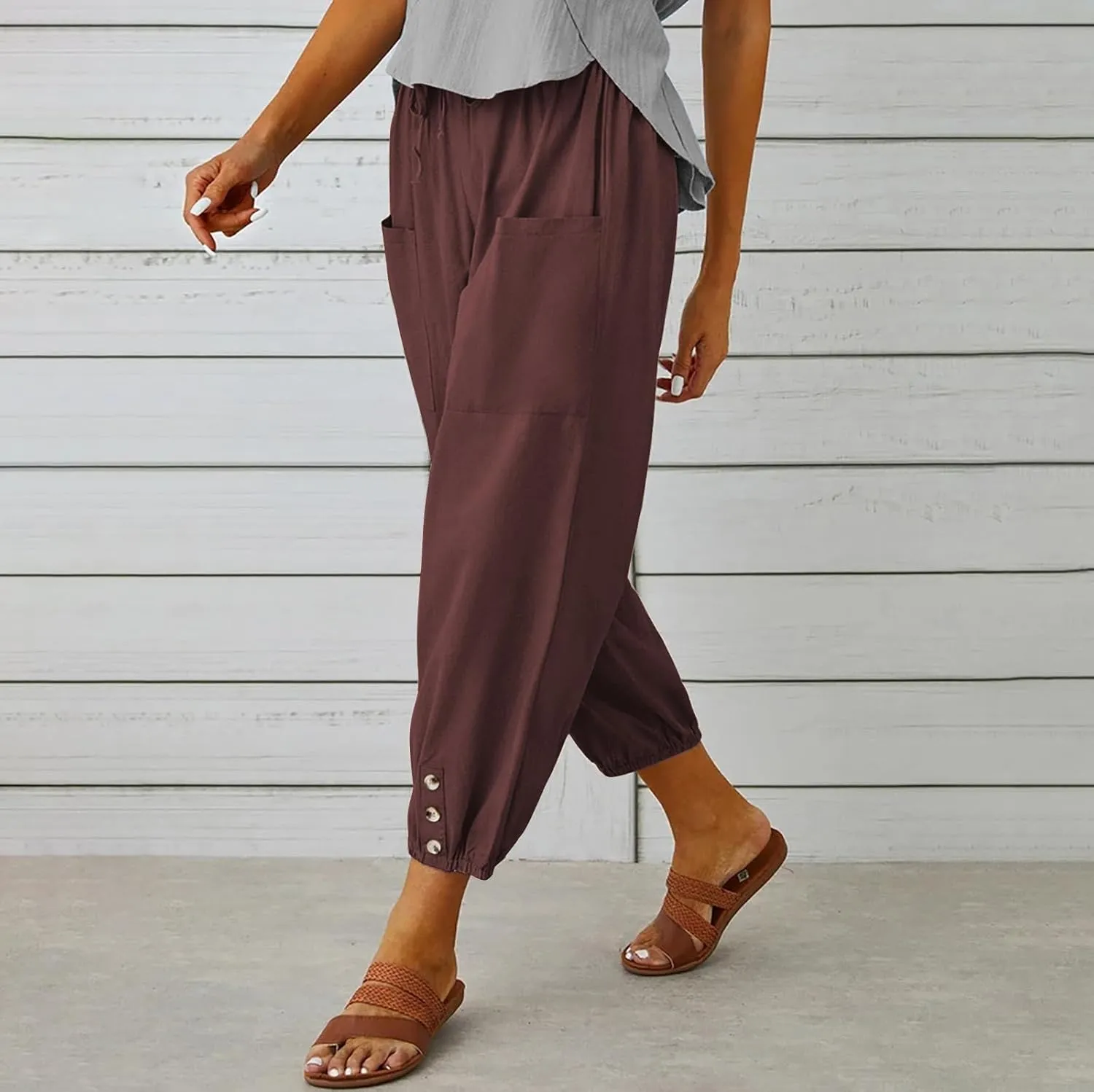 Casual Capri Pants for Women Linen Drawstring Elastic Capris Crop Relaxed Fit Cotton Wide Leg Capri Wide Leg Pants