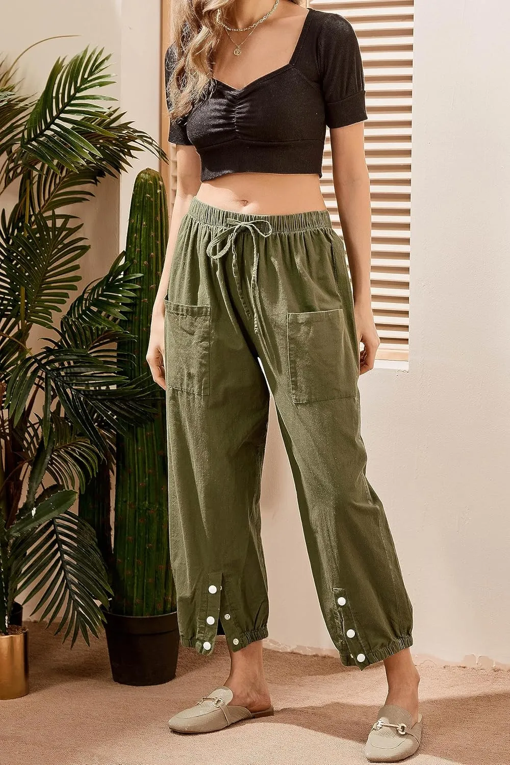 Casual Capri Pants for Women Linen Drawstring Elastic Capris Crop Relaxed Fit Cotton Wide Leg Capri Wide Leg Pants