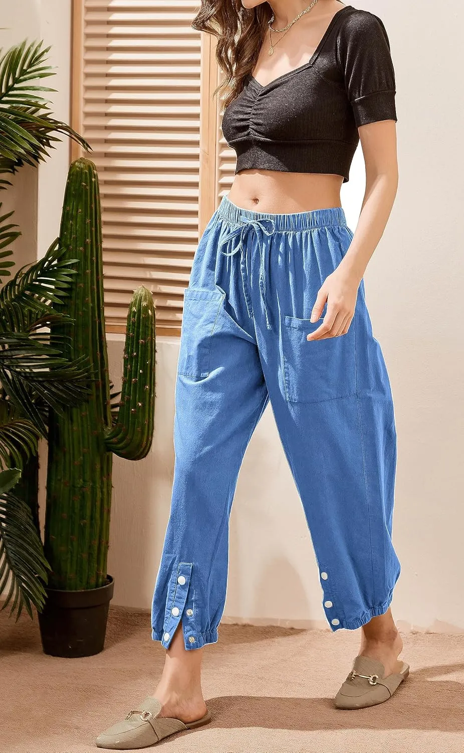 Casual Capri Pants for Women Linen Drawstring Elastic Capris Crop Relaxed Fit Cotton Wide Leg Capri Wide Leg Pants