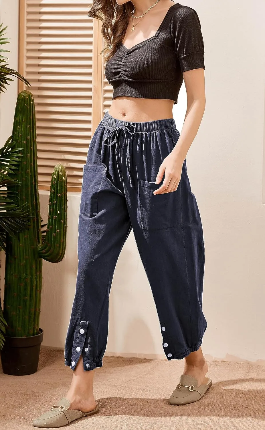 Casual Capri Pants for Women Linen Drawstring Elastic Capris Crop Relaxed Fit Cotton Wide Leg Capri Wide Leg Pants