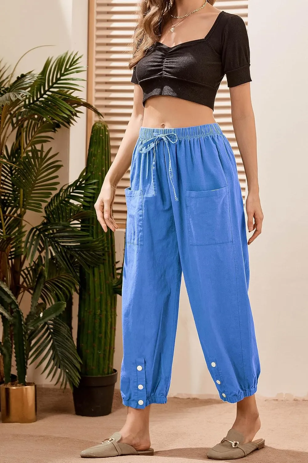Casual Capri Pants for Women Linen Drawstring Elastic Capris Crop Relaxed Fit Cotton Wide Leg Capri Wide Leg Pants