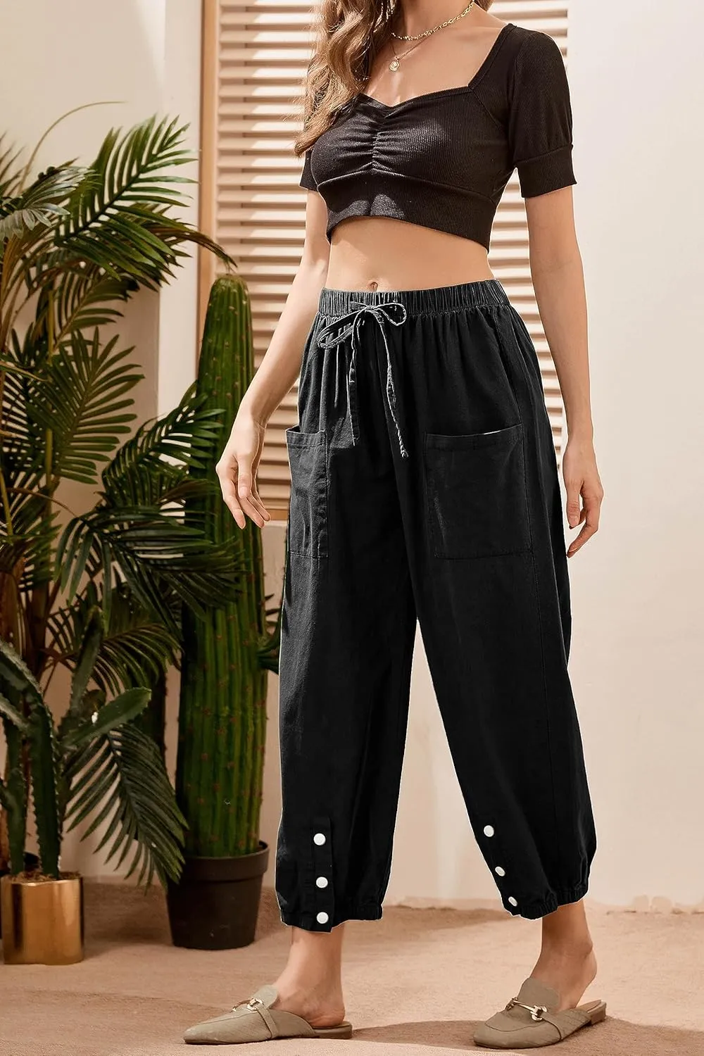 Casual Capri Pants for Women Linen Drawstring Elastic Capris Crop Relaxed Fit Cotton Wide Leg Capri Wide Leg Pants
