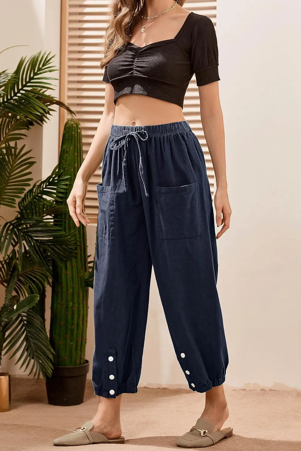Casual Capri Pants for Women Linen Drawstring Elastic Capris Crop Relaxed Fit Cotton Wide Leg Capri Wide Leg Pants