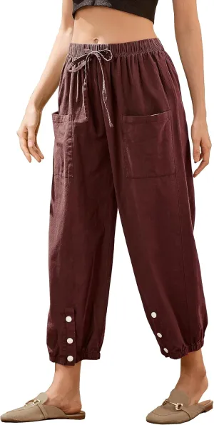 Casual Capri Pants for Women Linen Drawstring Elastic Capris Crop Relaxed Fit Cotton Wide Leg Capri Wide Leg Pants
