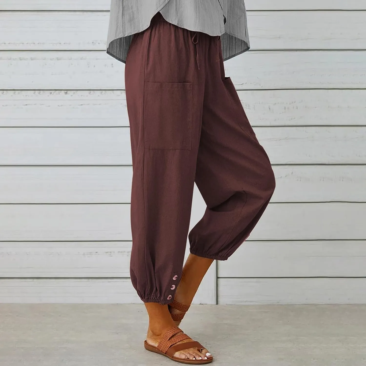 Casual Capri Pants for Women Linen Drawstring Elastic Capris Crop Relaxed Fit Cotton Wide Leg Capri Wide Leg Pants