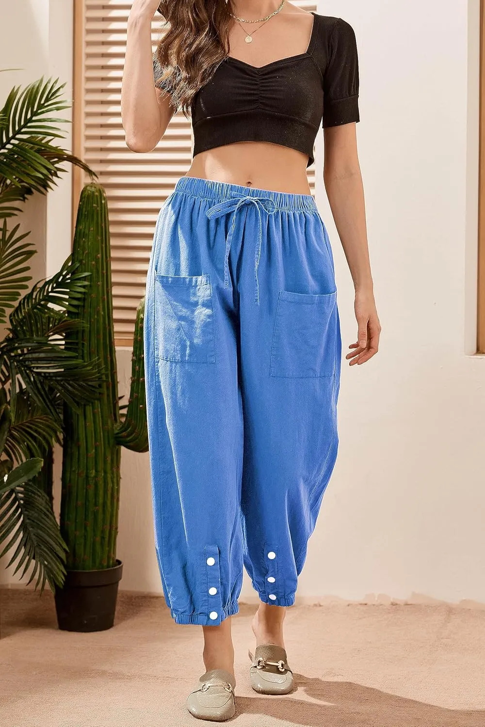 Casual Capri Pants for Women Linen Drawstring Elastic Capris Crop Relaxed Fit Cotton Wide Leg Capri Wide Leg Pants