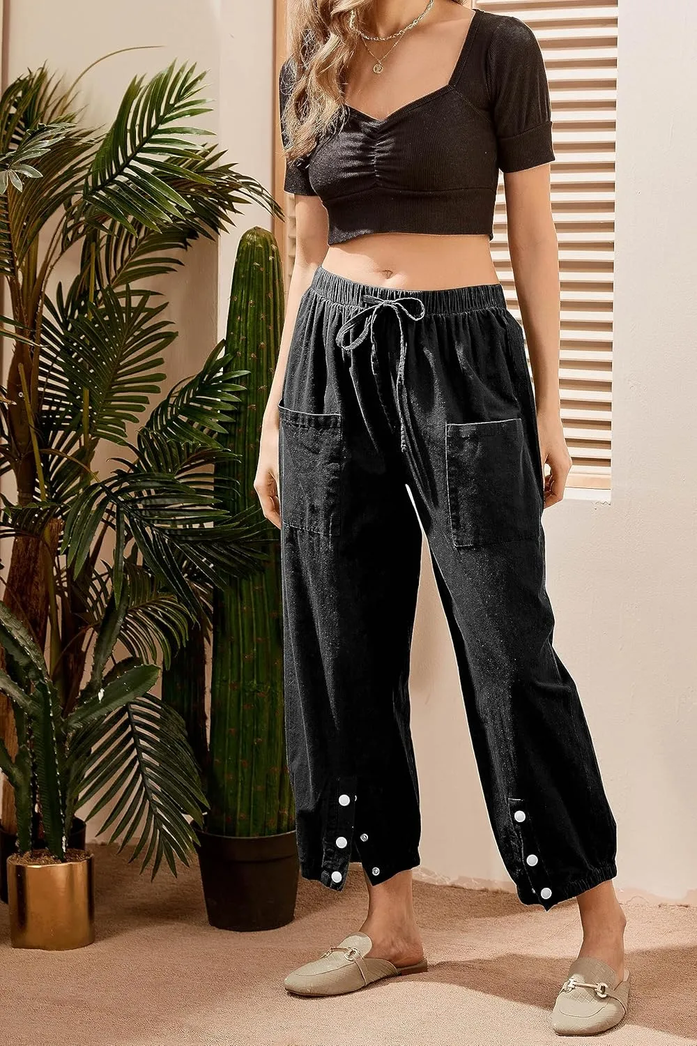 Casual Capri Pants for Women Linen Drawstring Elastic Capris Crop Relaxed Fit Cotton Wide Leg Capri Wide Leg Pants