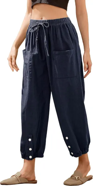 Casual Capri Pants for Women Linen Drawstring Elastic Capris Crop Relaxed Fit Cotton Wide Leg Capri Wide Leg Pants