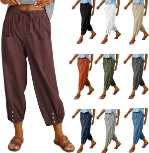 Casual Capri Pants for Women Linen Drawstring Elastic Capris Crop Relaxed Fit Cotton Wide Leg Capri Wide Leg Pants
