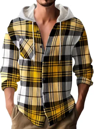 Casual Plaid Hoodies for Men Lightweght Hooded T Shirt Regular Fit Long Sleeve Button Down Shirts Jackets with Pocket