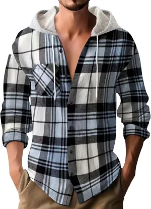 Casual Plaid Hoodies for Men Lightweght Hooded T Shirt Regular Fit Long Sleeve Button Down Shirts Jackets with Pocket