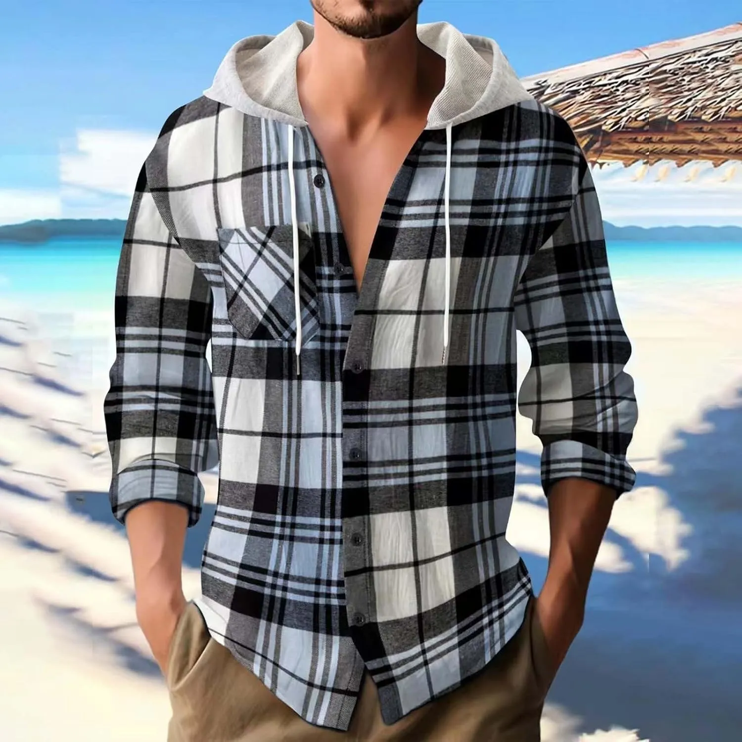 Casual Plaid Hoodies for Men Lightweght Hooded T Shirt Regular Fit Long Sleeve Button Down Shirts Jackets with Pocket