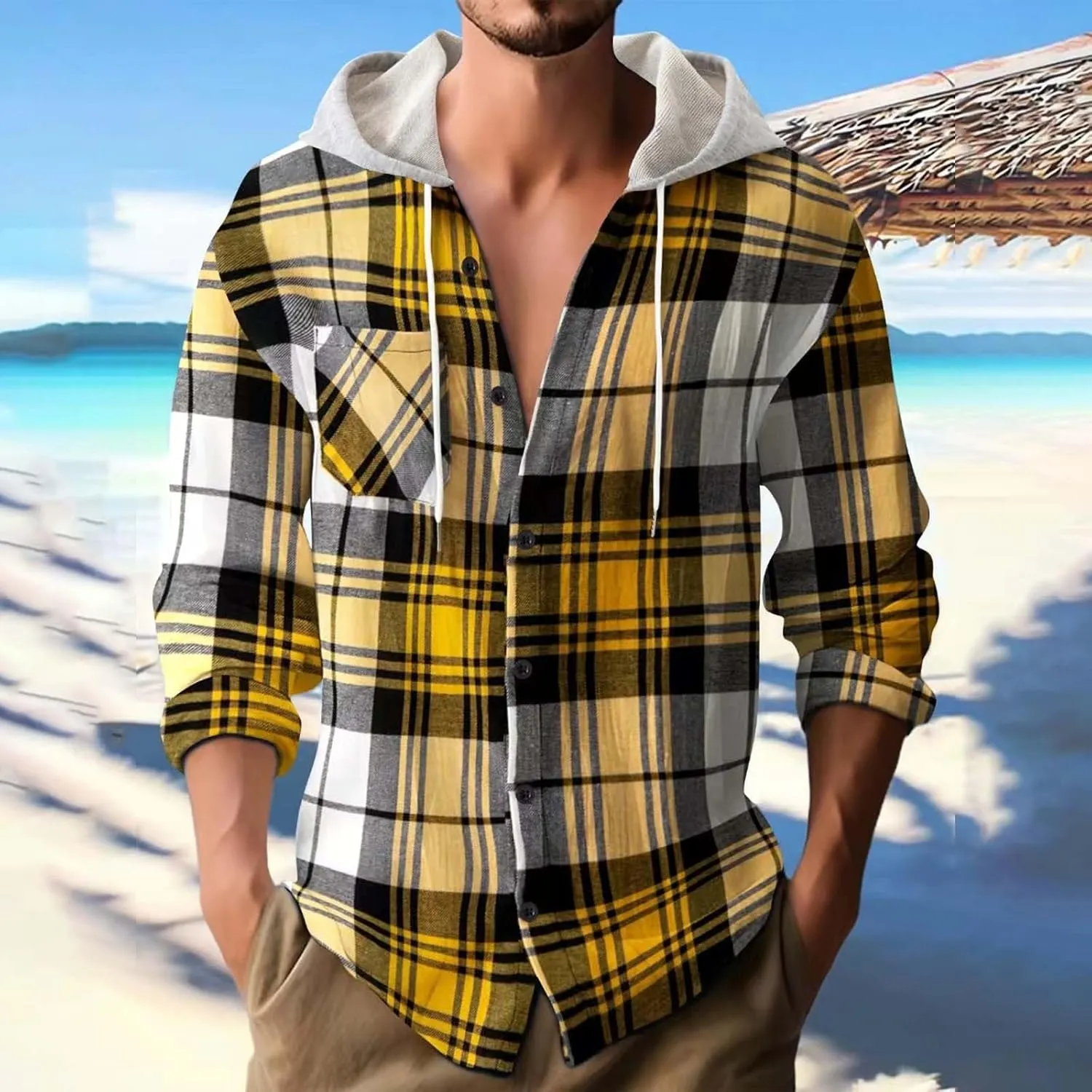 Casual Plaid Hoodies for Men Lightweght Hooded T Shirt Regular Fit Long Sleeve Button Down Shirts Jackets with Pocket