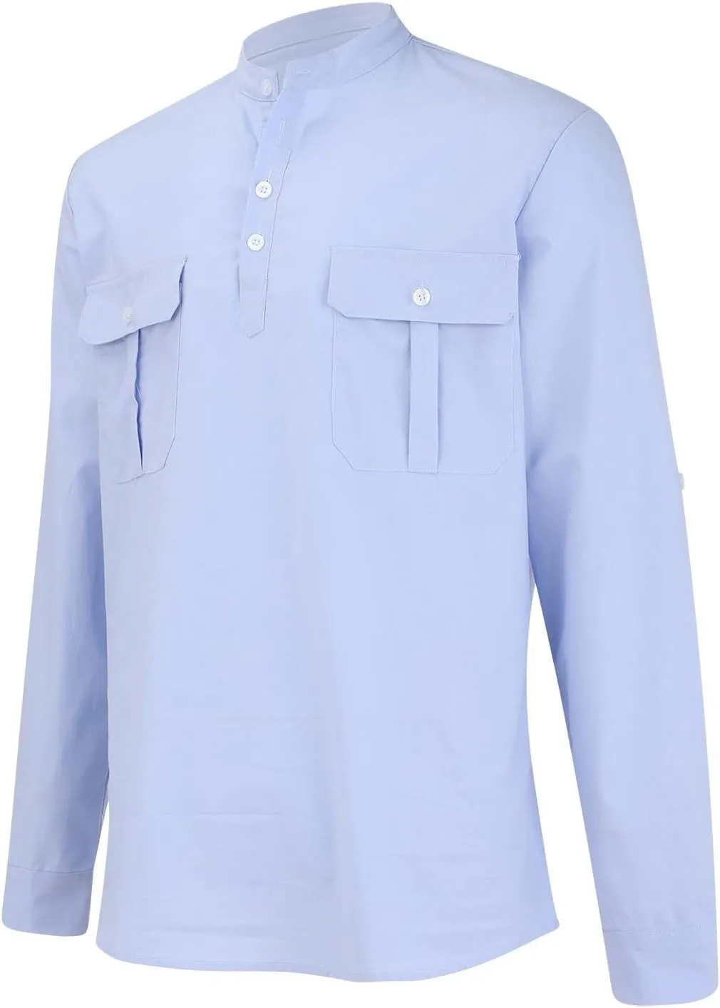 Cotton Linen Cargo Shirts Mens Long Sleeve Buttons V-Neck Henley Overshirt Lightweight Hiking Camping Fishing Shirts