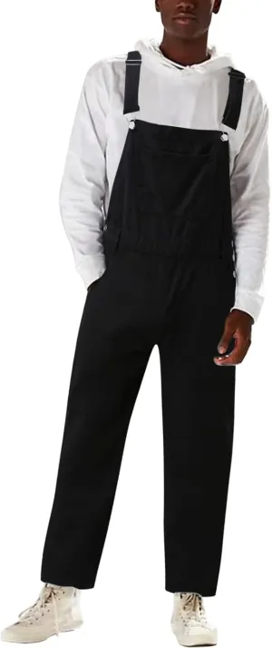Denim Bib Overalls Men Relaxed Fit Distressed Vintage Jeans Jumpsuits Straight Leg Big and Tall Belted Casual Work Trousers