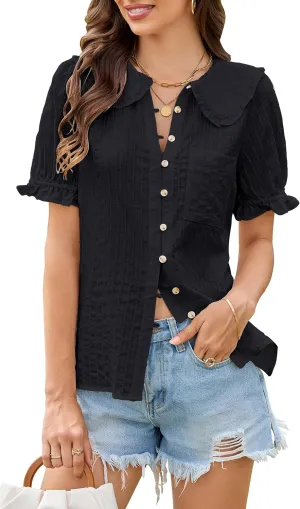 ECOWISH Women's Button Up Shirt - Peter Pan Collar Frilled Short Sleeve Summer Tops Casual Cotton Retro Floral Blouse
