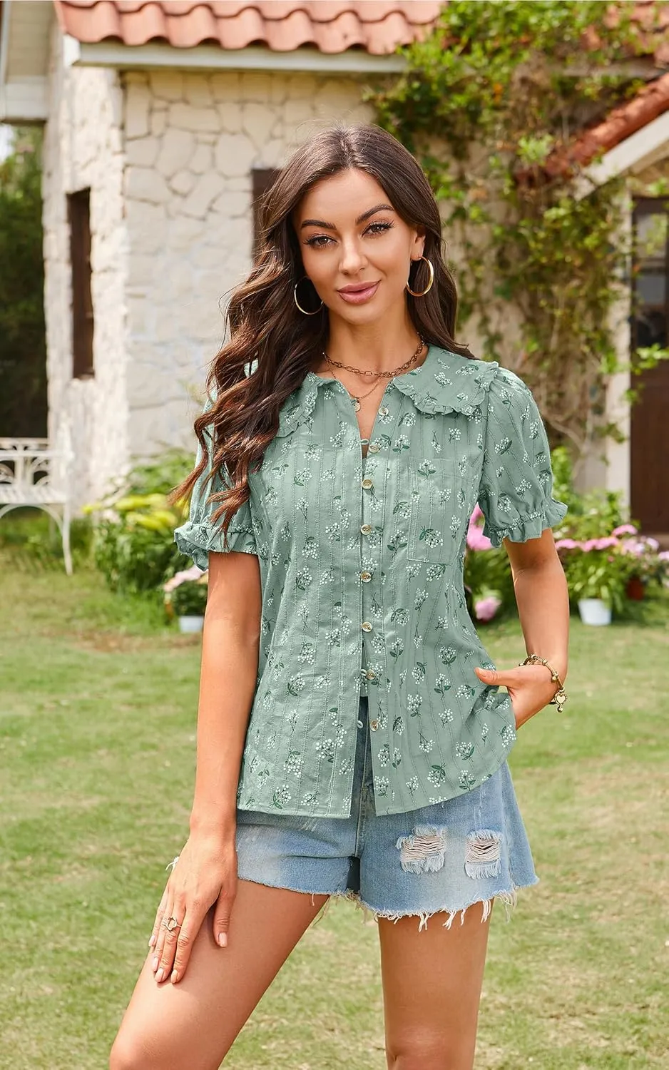 ECOWISH Women's Button Up Shirt - Peter Pan Collar Frilled Short Sleeve Summer Tops Casual Cotton Retro Floral Blouse