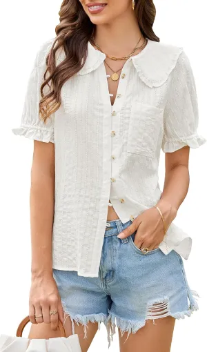 ECOWISH Women's Button Up Shirt - Peter Pan Collar Frilled Short Sleeve Summer Tops Casual Cotton Retro Floral Blouse