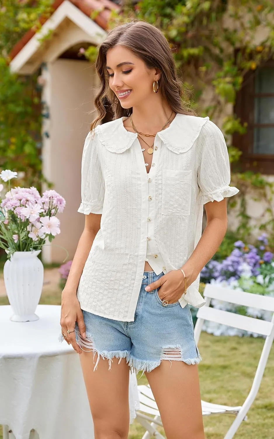 ECOWISH Women's Button Up Shirt - Peter Pan Collar Frilled Short Sleeve Summer Tops Casual Cotton Retro Floral Blouse
