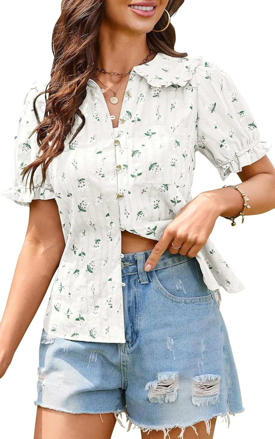 ECOWISH Women's Button Up Shirt - Peter Pan Collar Frilled Short Sleeve Summer Tops Casual Cotton Retro Floral Blouse