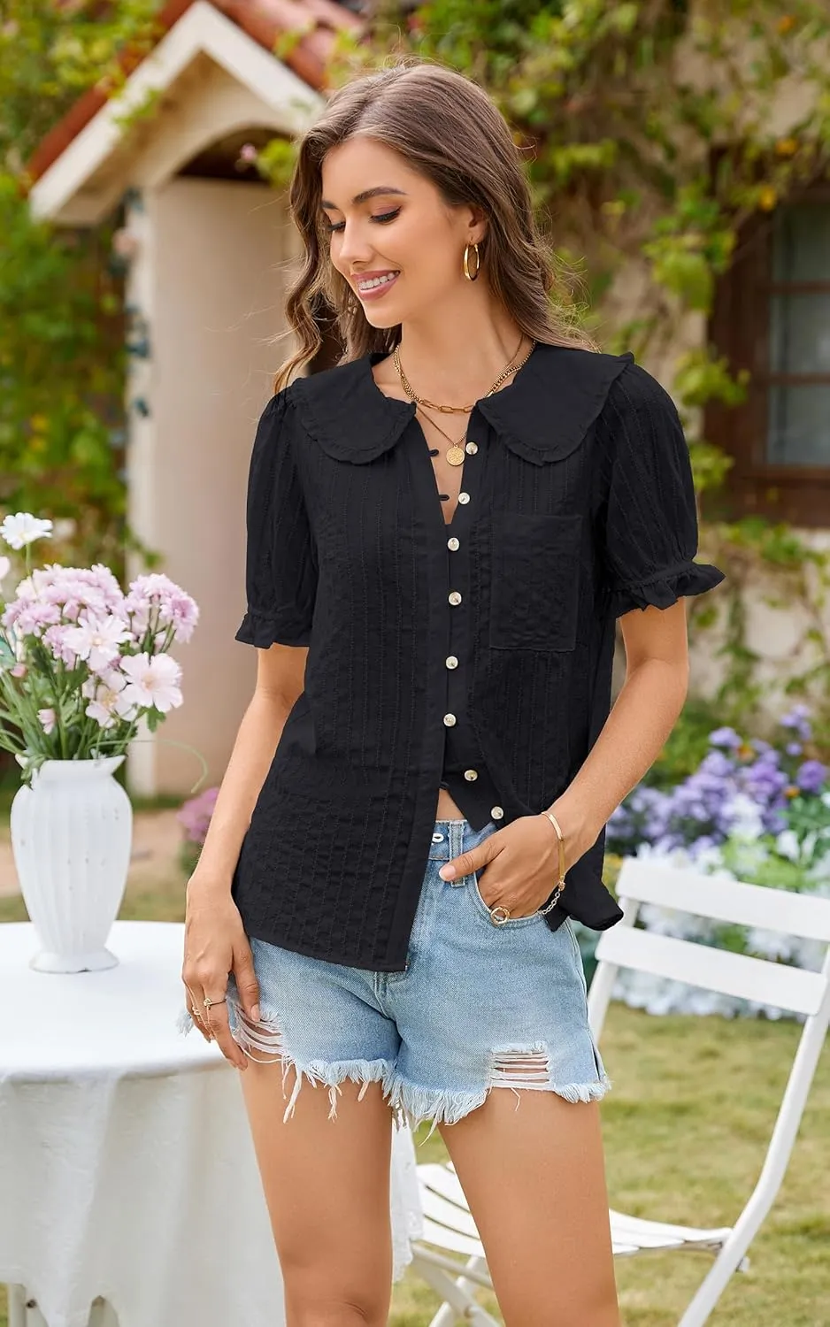 ECOWISH Women's Button Up Shirt - Peter Pan Collar Frilled Short Sleeve Summer Tops Casual Cotton Retro Floral Blouse
