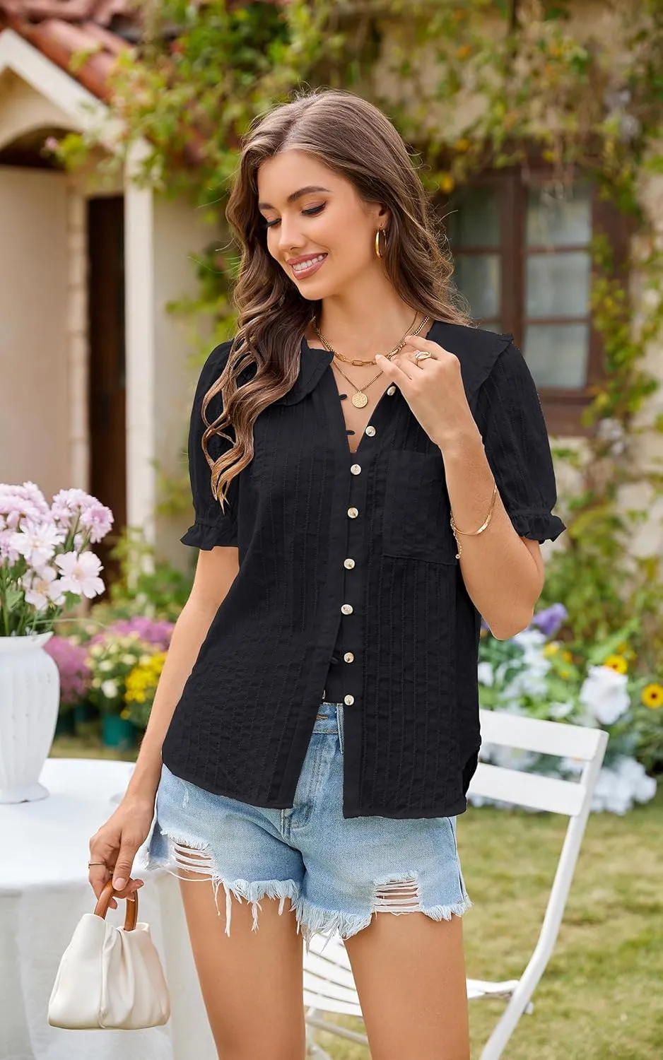 ECOWISH Women's Button Up Shirt - Peter Pan Collar Frilled Short Sleeve Summer Tops Casual Cotton Retro Floral Blouse