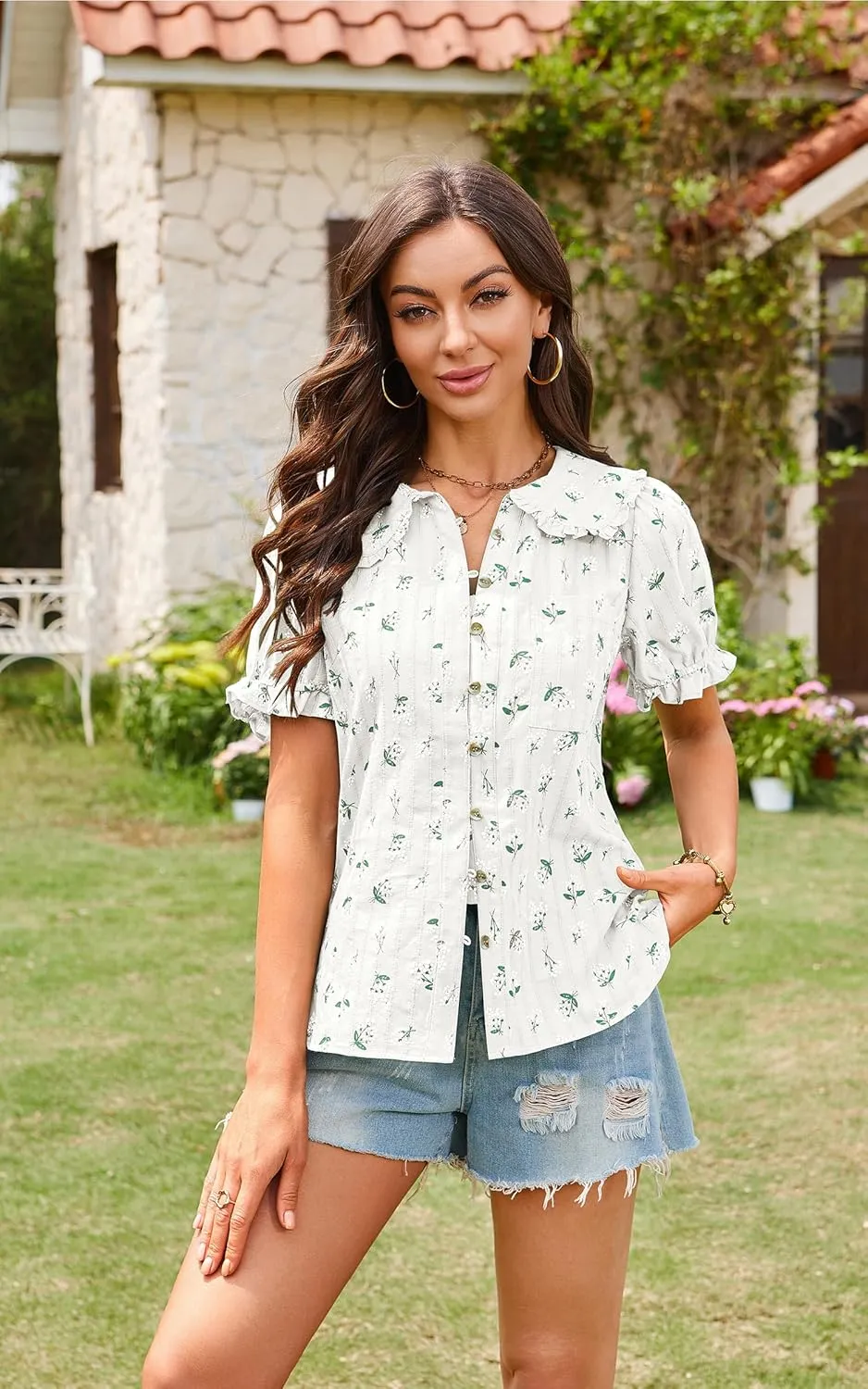 ECOWISH Women's Button Up Shirt - Peter Pan Collar Frilled Short Sleeve Summer Tops Casual Cotton Retro Floral Blouse