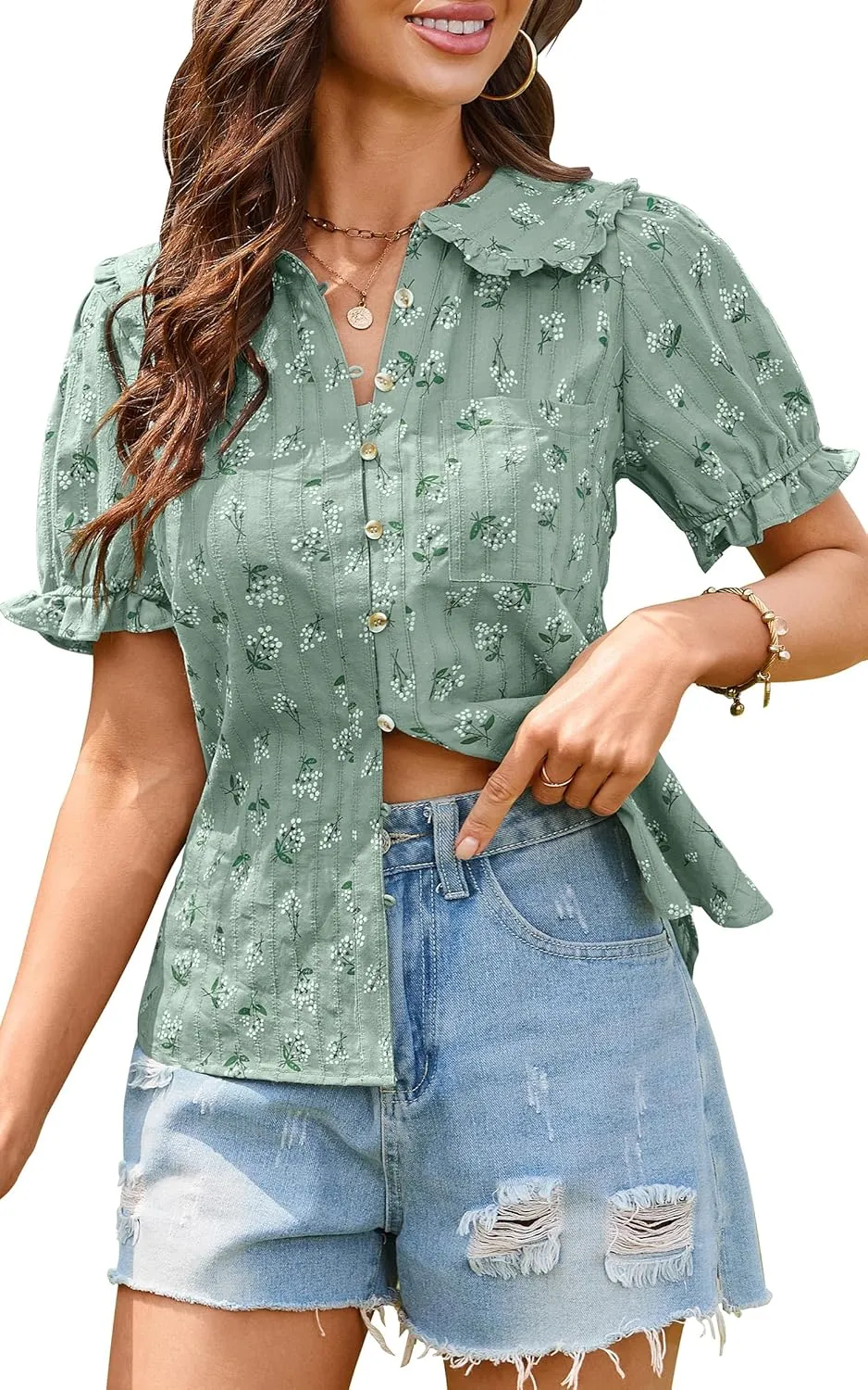 ECOWISH Women's Button Up Shirt - Peter Pan Collar Frilled Short Sleeve Summer Tops Casual Cotton Retro Floral Blouse