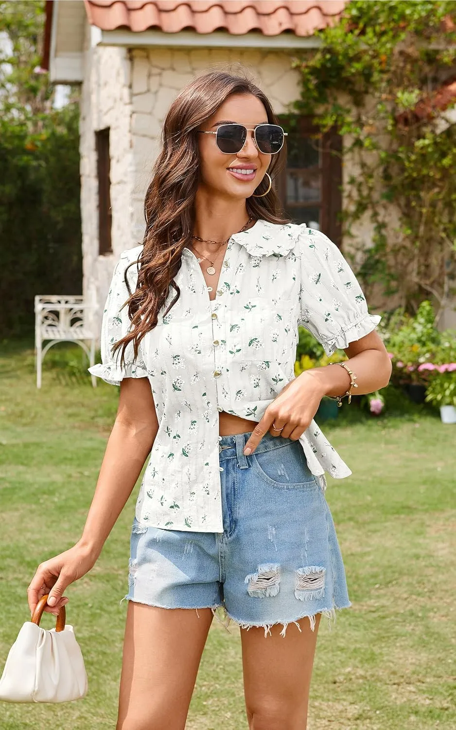 ECOWISH Women's Button Up Shirt - Peter Pan Collar Frilled Short Sleeve Summer Tops Casual Cotton Retro Floral Blouse