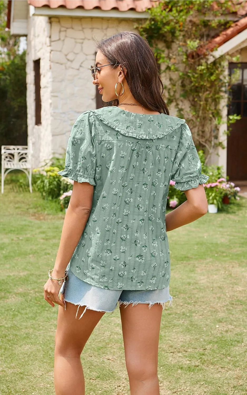 ECOWISH Women's Button Up Shirt - Peter Pan Collar Frilled Short Sleeve Summer Tops Casual Cotton Retro Floral Blouse
